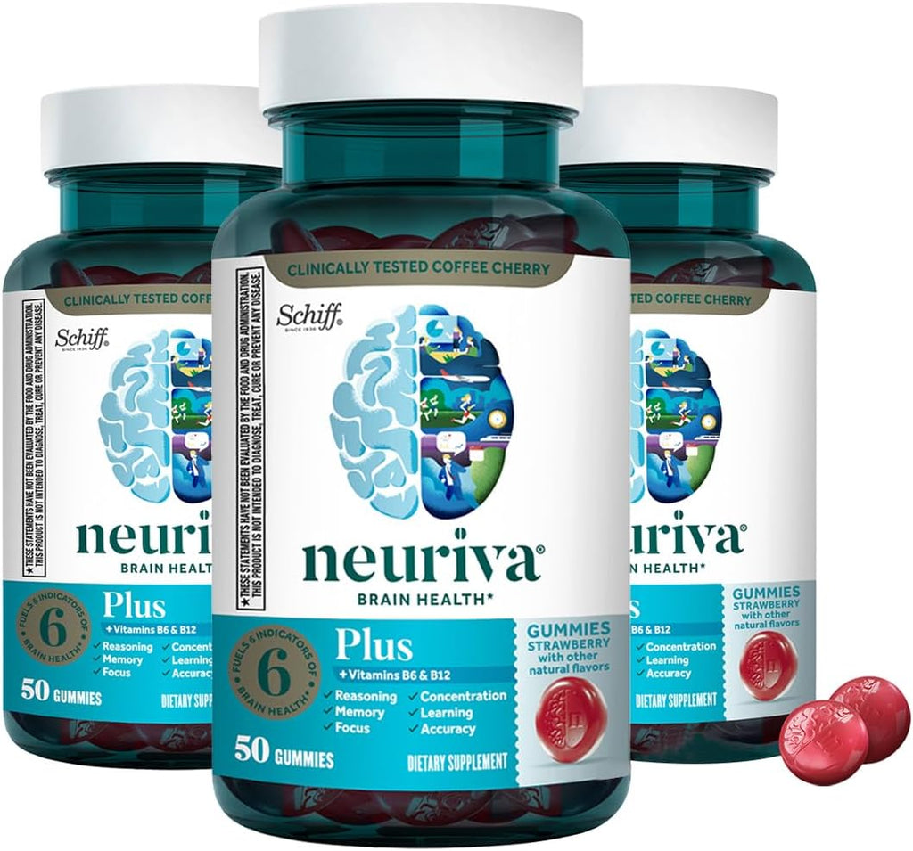 NEURIVA Plus Gominolas Nootrópicas para Memoria y Concentración, Sabor Fresa, 50 unidades (Pack de 3)