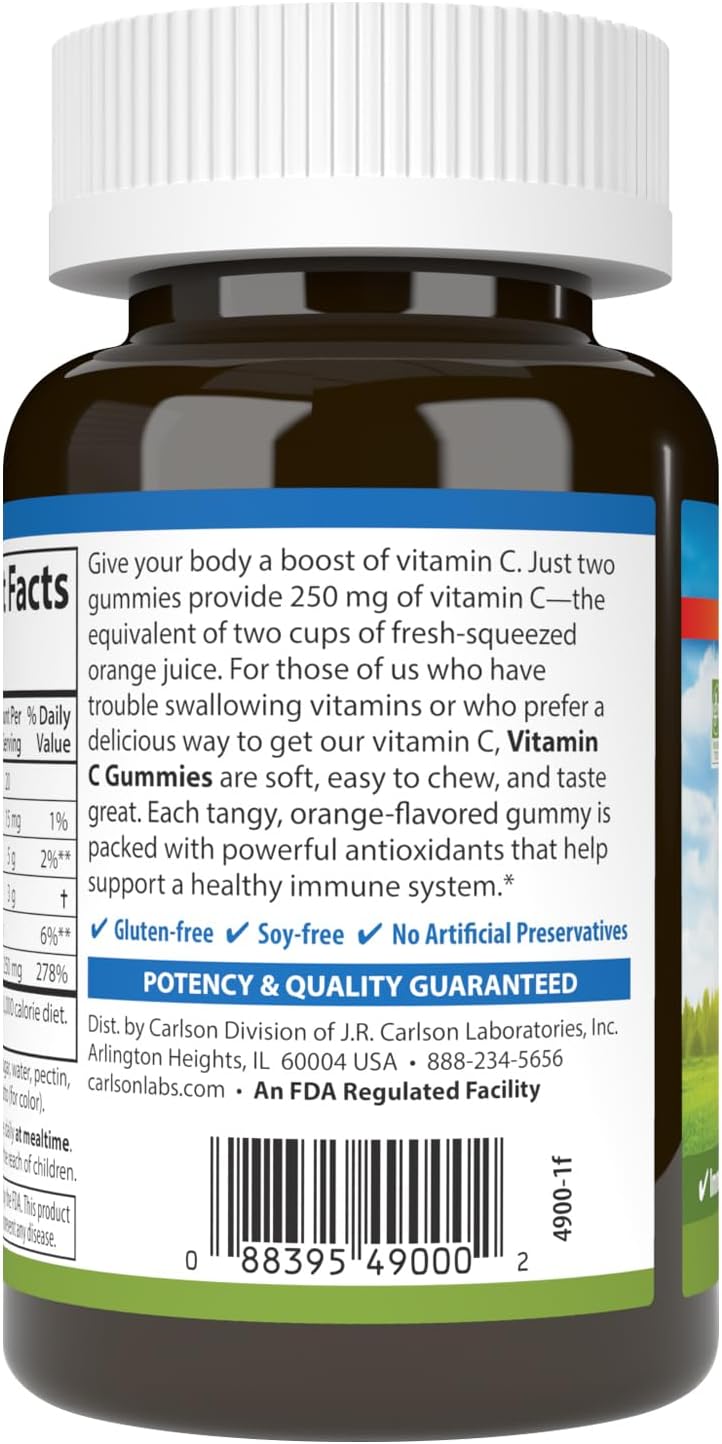 Carlson Vitamin C Gummies, 250 mg, Orange, 60 Vegetarian Gummies