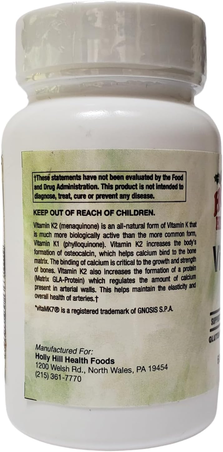 Holly Hill Health Foods Vitamina K2, 120 mcg, con vitaMK7® K2, 60 Cápsulas Vegetales