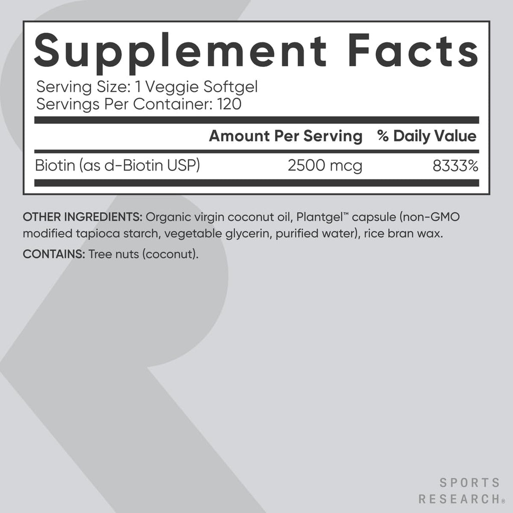 Sports Research Biotina 2.500 mcg con Aceite de Coco Orgánico - 120 Cápsulas Vegetales
