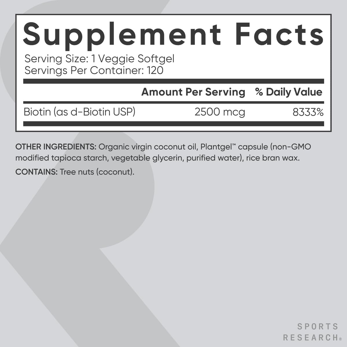 Sports Research Biotina 2.500 mcg con Aceite de Coco Orgánico - 120 Cápsulas Vegetales