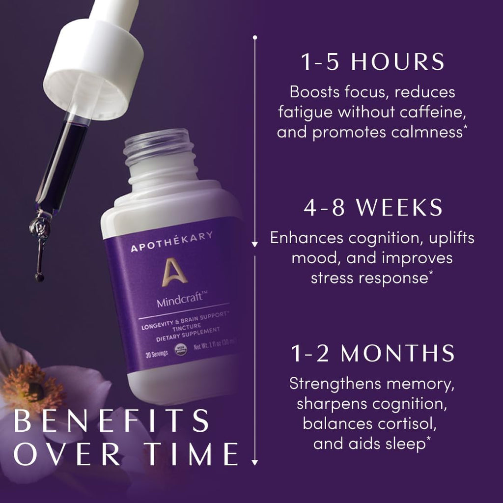 Apothékary Mindcraft - Gotas Líquidas Herbales para el Enfoque y la Cognición, con Lion's Mane y Cordyceps, Certificado Orgánico, 1 fl oz (30 dosis)