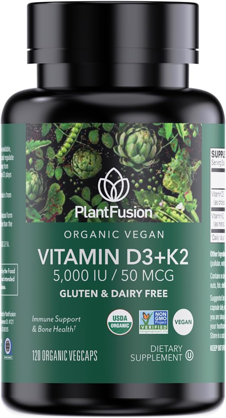 PlantFusion Organic Vegan Vitamin D3 + K2 5,000 UI, 50 mcg – 60 Cápsulas