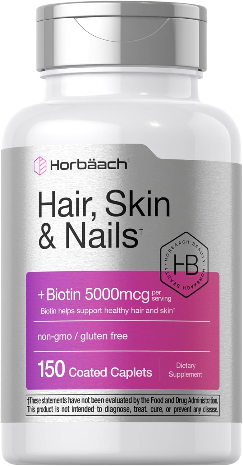 Horbäach Hair Skin & Nails Vitamin Supplement | 150 Coated Caplets | Formula with Biotin and Collagen | Non-GMO & Gluten Free