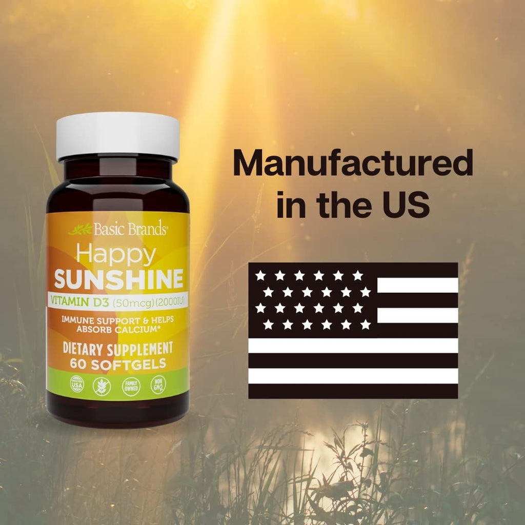 Basic Brands Super Happy Sunshine Vitamina D3 5000 IU | 240 Cápsulas Blandas