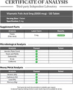 Ácido Fólico 5 mg (5000 mcg) - 360 Comprimidos Vegetarianos - Pack de 3 - Vitamina B9 - Vitamatic