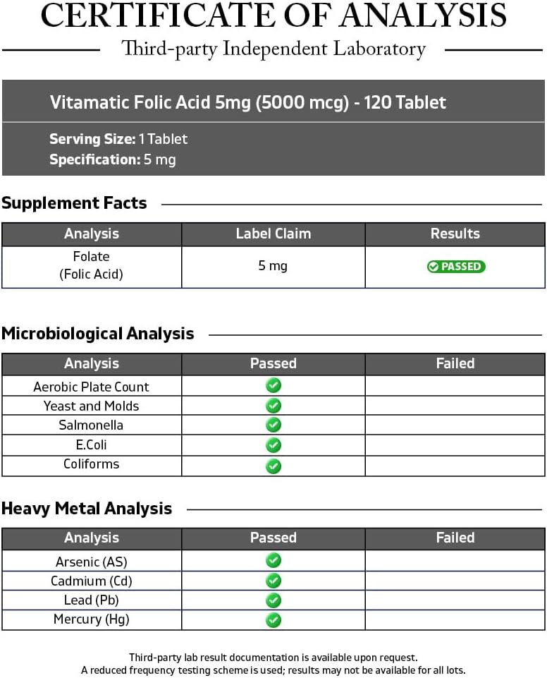 Vitamatic Ácido Fólico 5 mg (5.000 mcg) 120 Comprimidos Vegetales | Vitamina B9 | 8.333 mcg DFE Folato