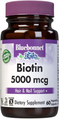 Bluebonnet Biotin 5000 mcg – Apoyo para el Cabello y las Uñas, 60 Cápsulas Vegetales