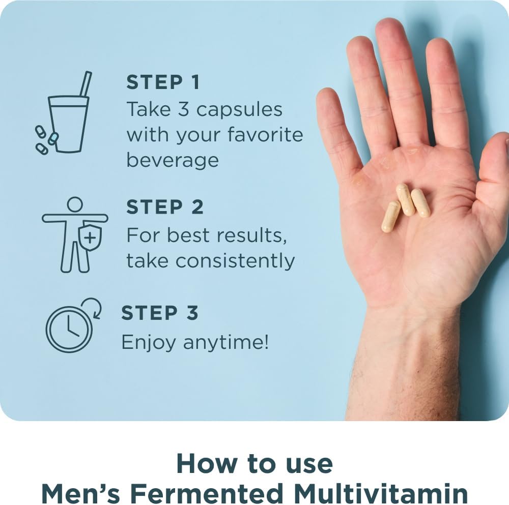 Ancient Nutrition Multivitamínico para Hombres, Multivitamínico Fermentado con Vitaminas Metiladas A, C, D, E, K, Zinc y Magnesio, Apoyo Inmunológico, Vegano, 60 Cápsulas