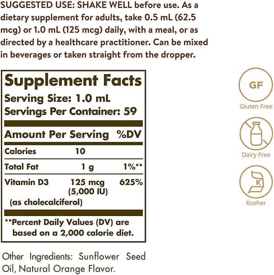 Solgar Vitamina D3 Líquida 125 mcg (5000 UI), 59 ml - Sabor Naranja Natural