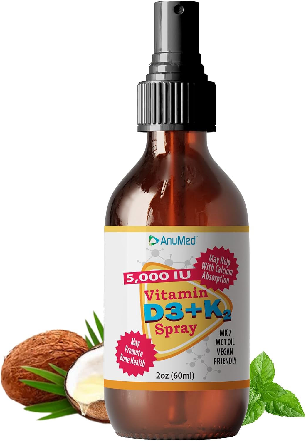 Vitamin D3 K2 5,000 IU Liquid Spray with Organic MCT Oil, Vitamin A (Retinol) 1250mcg, K2 (MK4, MK7) Promotes Heart, Bones, Immune System. 100% Vegan, Non-GMO, No Sugar Added (2oz) (Strawberry)