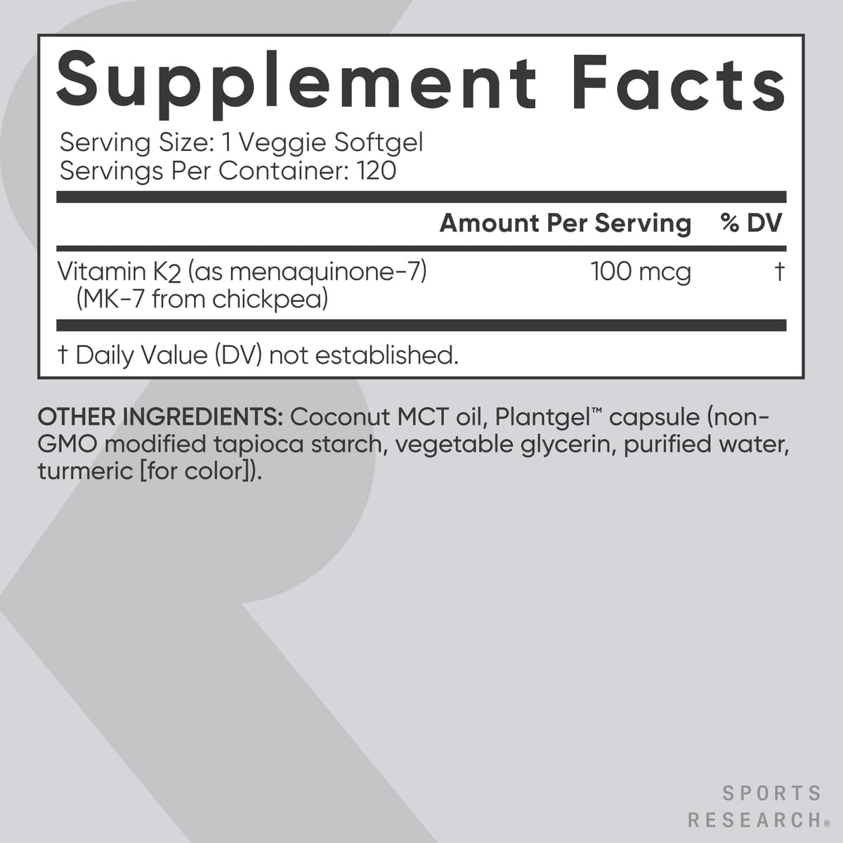 Sports Research Vitamina K2 (como MK-7) 100 mcg con Aceite MCT de Coco - 120 Cápsulas Blandas Veganas (Suministro para 4 Meses)