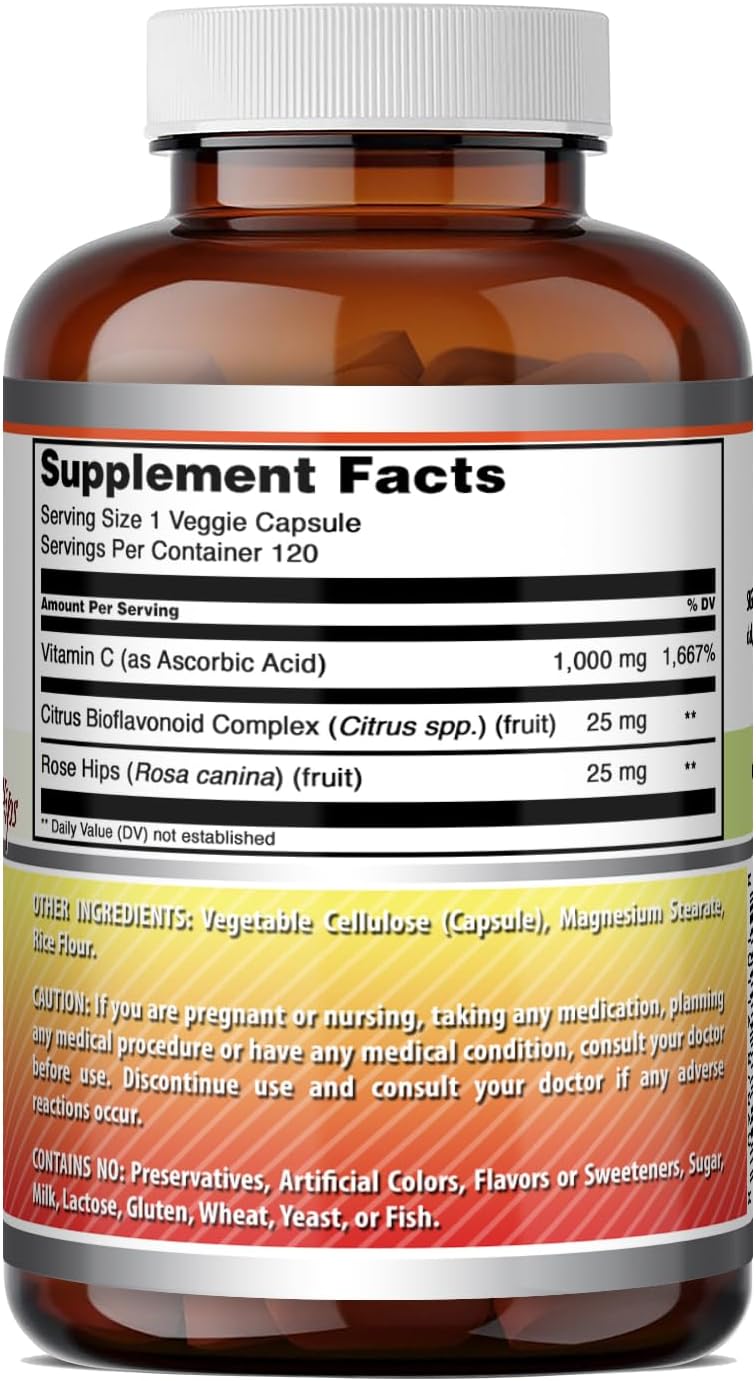 Amazing Formulas Vitamina C (Ácido Ascórbico) 1000 mg con Rosa Mosqueta y Bioflavonoides Cítricos - 120 Cápsulas Vegetales
