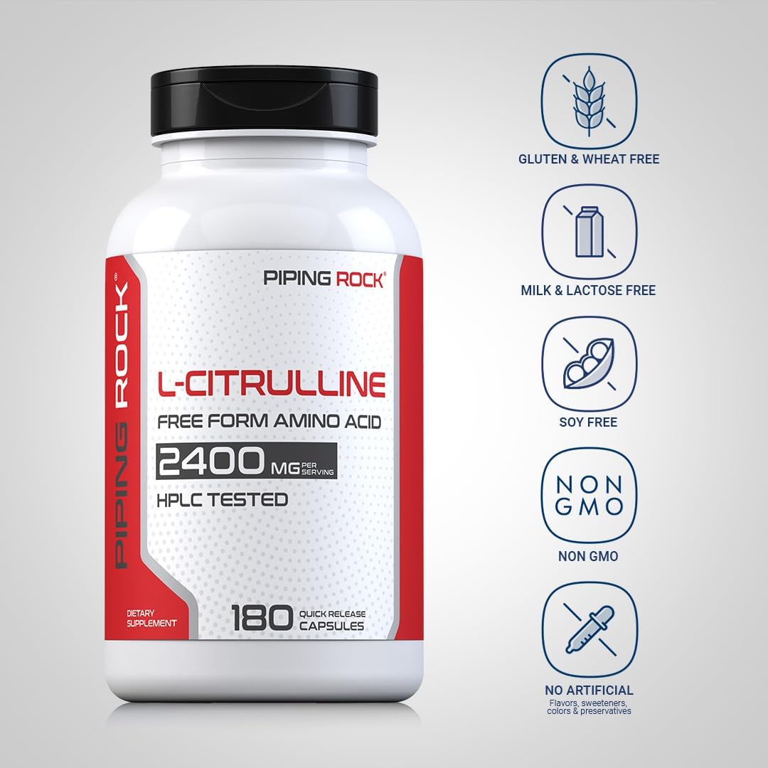 Piping Rock L-Citrulline 2400mg 180 Cápsulas - Aminoácido de Forma Libre - No Transgénico, Sin Gluten