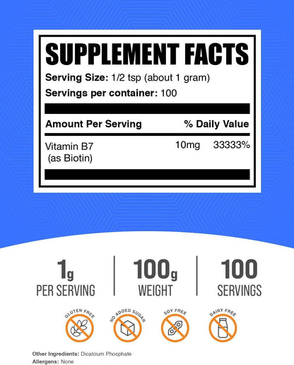 Biotina 10000mcg en Polvo - Vitamina B7 - – La biotina contribuye al funcionamiento normal del sistema nervioso. – Image 2