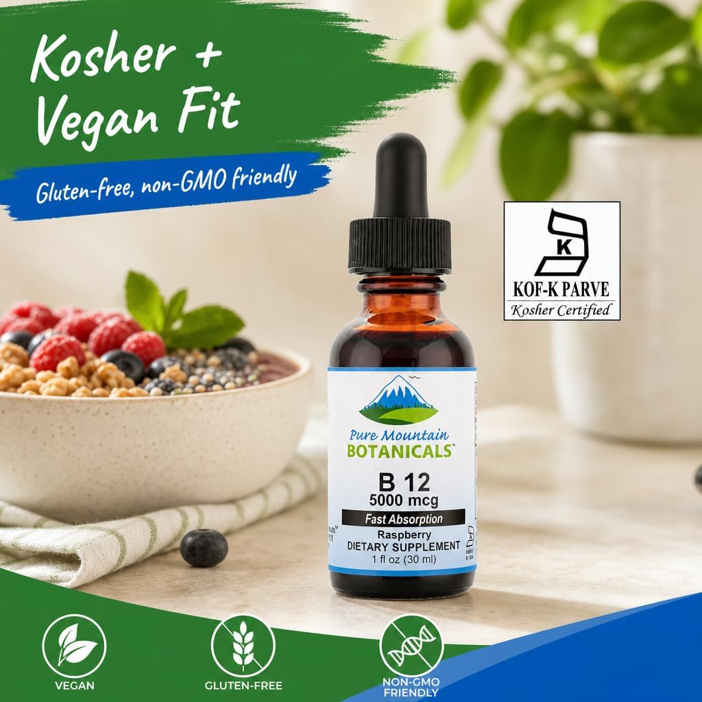 Pure Mountain Botanicals Vitamina B12 5000 mcg Gotas Líquidas – Sabor Natural a Bayas – 30 Dosis