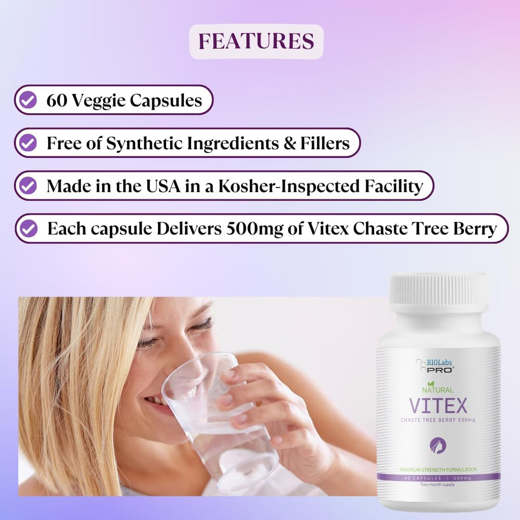 BIOLABS PRO Suplemento Natural de Vitex (Sauzgatillo) para Mujeres - Extracto Puro de Baya de Sauzgatillo 500mg, Fórmula de Máxima Potencia, Cápsulas Veganas, Apoyo al Equilibrio Hormonal - (60 Cápsulas - 2 Meses)