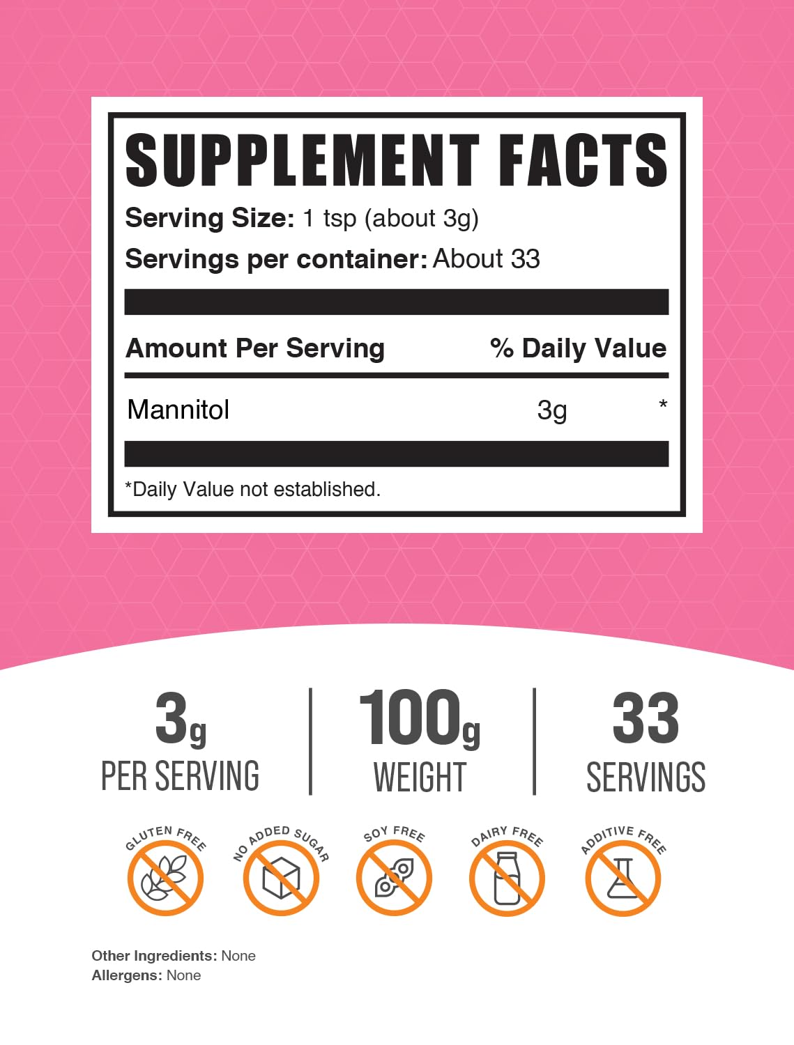 Mannitol Powder - Natural Sweetener, Sugar Substitute, Gluten-Free, 100g