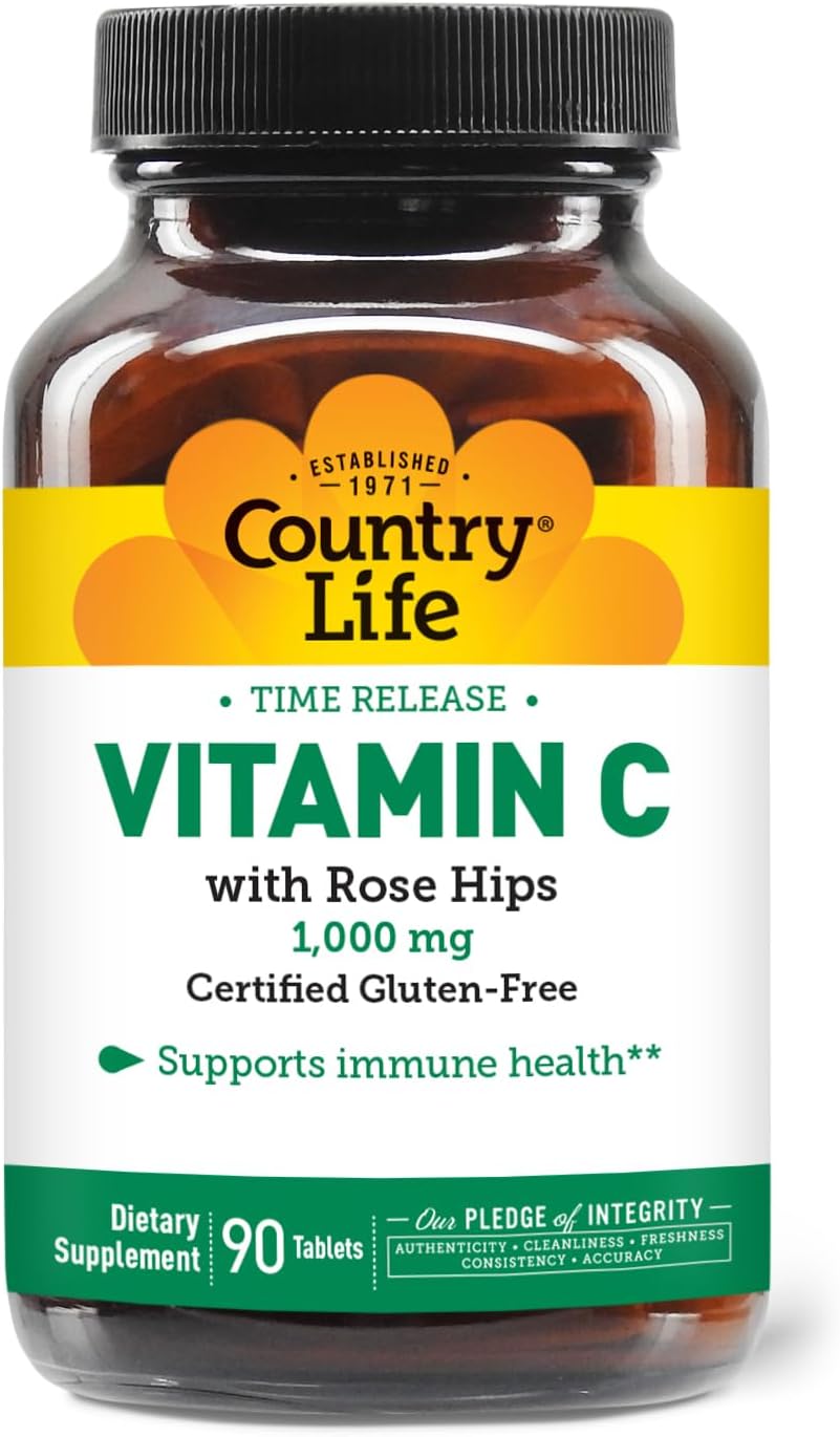 Country Life Vitamina C 1000 mg con Escaramujo – Liberación Prolongada – 90 Comprimidos