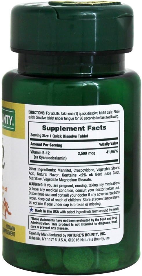 Nature's Bounty Vitamina B12 Sublingual 2500 mcg, 75 Comprimidos Sabor Cereza (Paquete de 9)