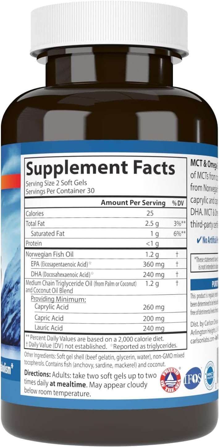 Carlson MCT & Omega-3, Coconut Oil, EPA & DHA, 60 Capsules
