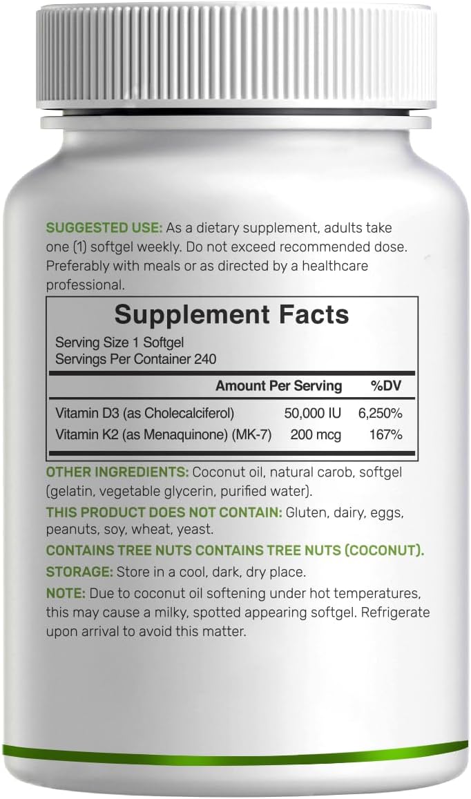 DEAL SUPPLEMENT Vitamina D3 50.000 UI + K2 MK7 200 mcg, 240 Cápsulas Blandas