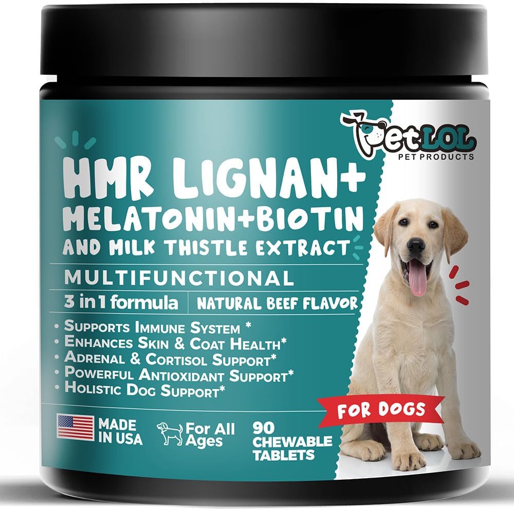 HMR Lignan + Melatonina + Biotina + Cardo Mariano para Perros | Fórmula 4 en 1 | Apoyo Adrenal y Niveles Normales de Cortisol | Salud de Piel, Pelaje y Digestiva | 90 Comprimidos Masticables | Sabor Natural a Carne