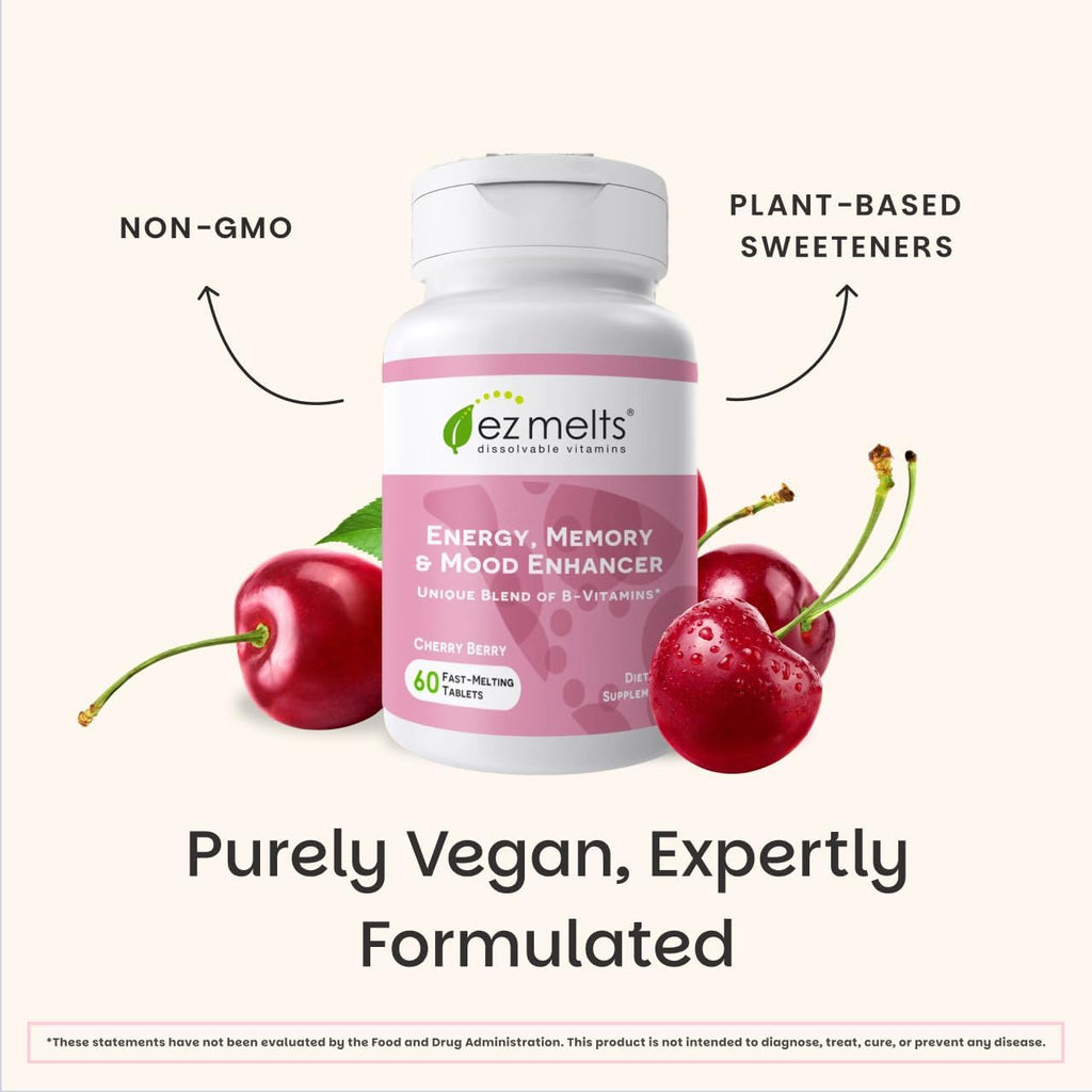 EZ Melts Energía, Memoria y Estado de Ánimo - Suplemento de Vitaminas B con Vitamina B12, B6, Folato y Biotina - Sin OMG y Vegano - Cherry Berry - 60 Comprimidos Bucodispersables (60 Dosis)