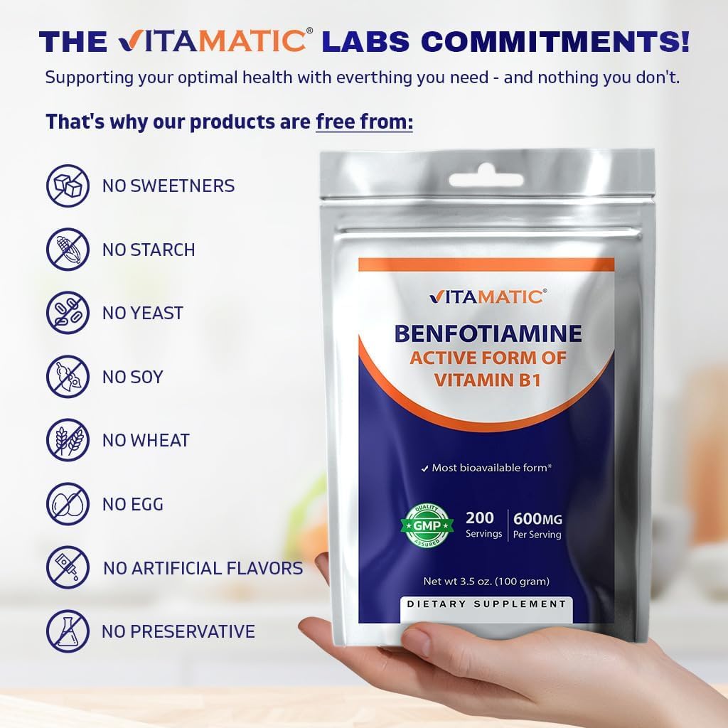 Vitamatic Benfotiamina en Polvo Pura 600 mg por Ración - 100 Gramos - Vitamina B1 Liposoluble