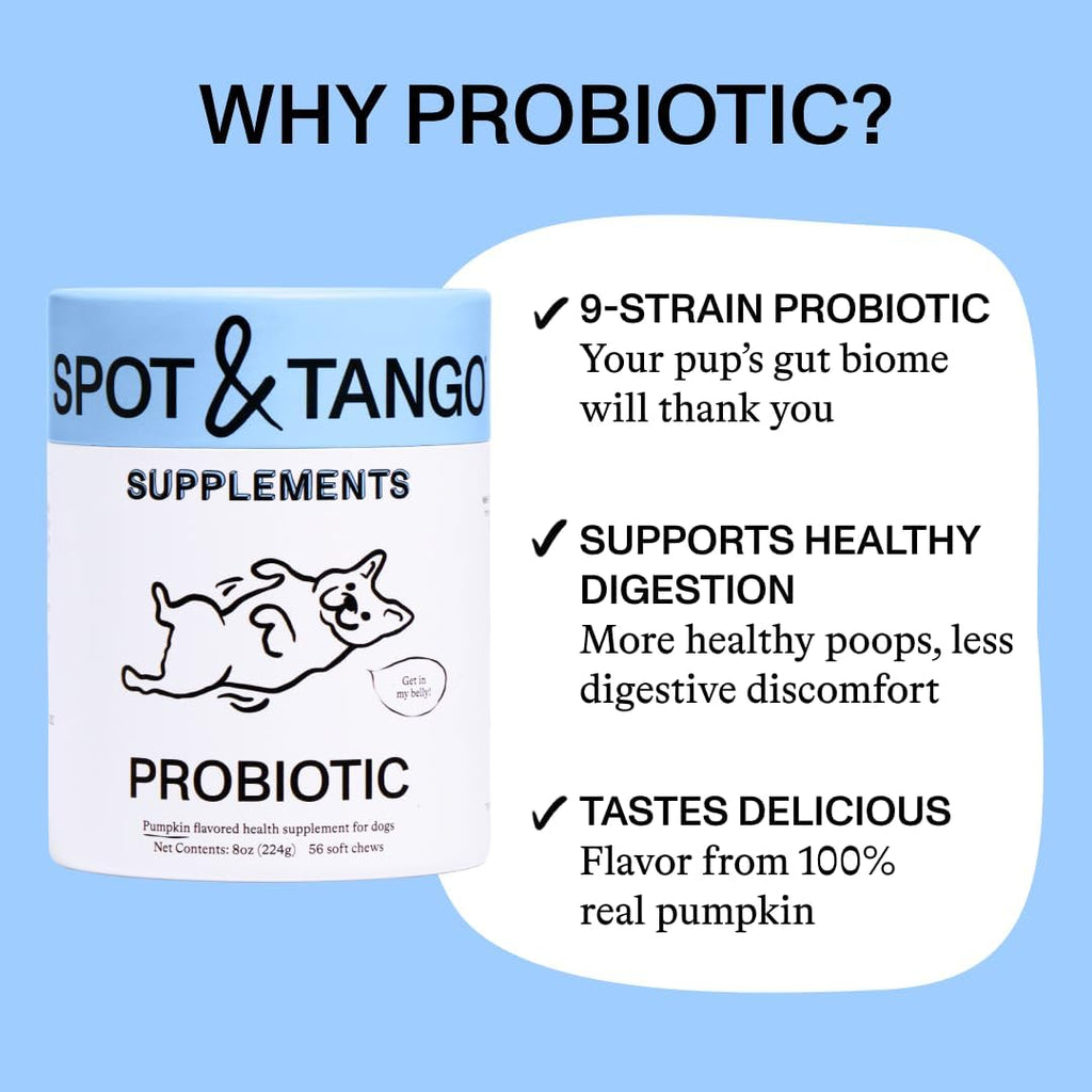 Probioticos para perros - Spot & Tango - Calabaza, Curcuma, Raiz de Achicoria, Pimienta Negra, Mezcla de 9 Cepas - 56 Masticables
