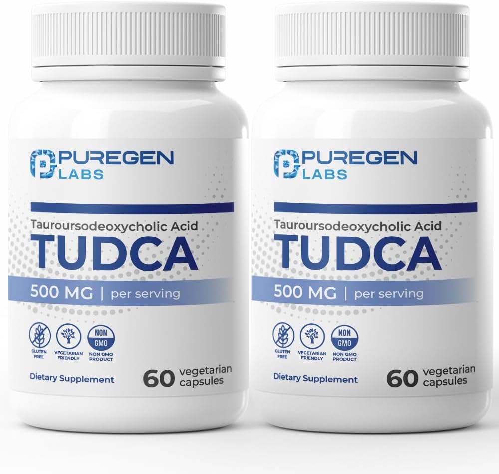 Puregen Labs TUDCA (Ácido Tauroursodesoxicólico) 500mg por dosis - Sales biliares para el hígado - Sin aditivos nocivos - No transgénico - Sin gluten - 60 cápsulas vegetarianas