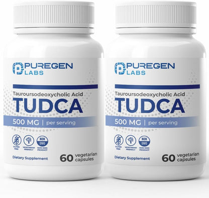 Puregen Labs TUDCA (Ácido Tauroursodesoxicólico) 500mg por dosis - Sales biliares para el hígado - Sin aditivos nocivos - No transgénico - Sin gluten - 60 cápsulas vegetarianas