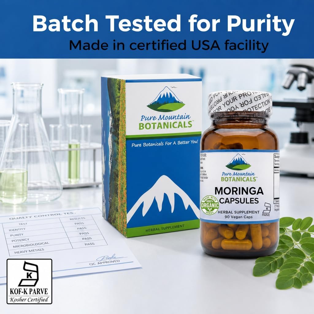 Pure Mountain Botanicals Moringa en Cápsulas - 1000mg Orgánico por Ración - 90 Cápsulas - Vegano Kosher Sin Gluten