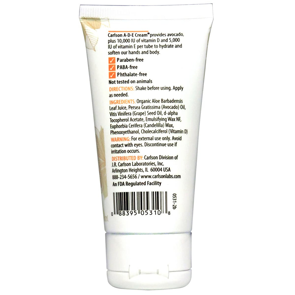Carlson ADE Crema de Manos y Cuerpo con Aceite de Aguacate, Vitamina D 10000 UI, Vitamina E 5000 UI, Sin Fragancia, 57 g