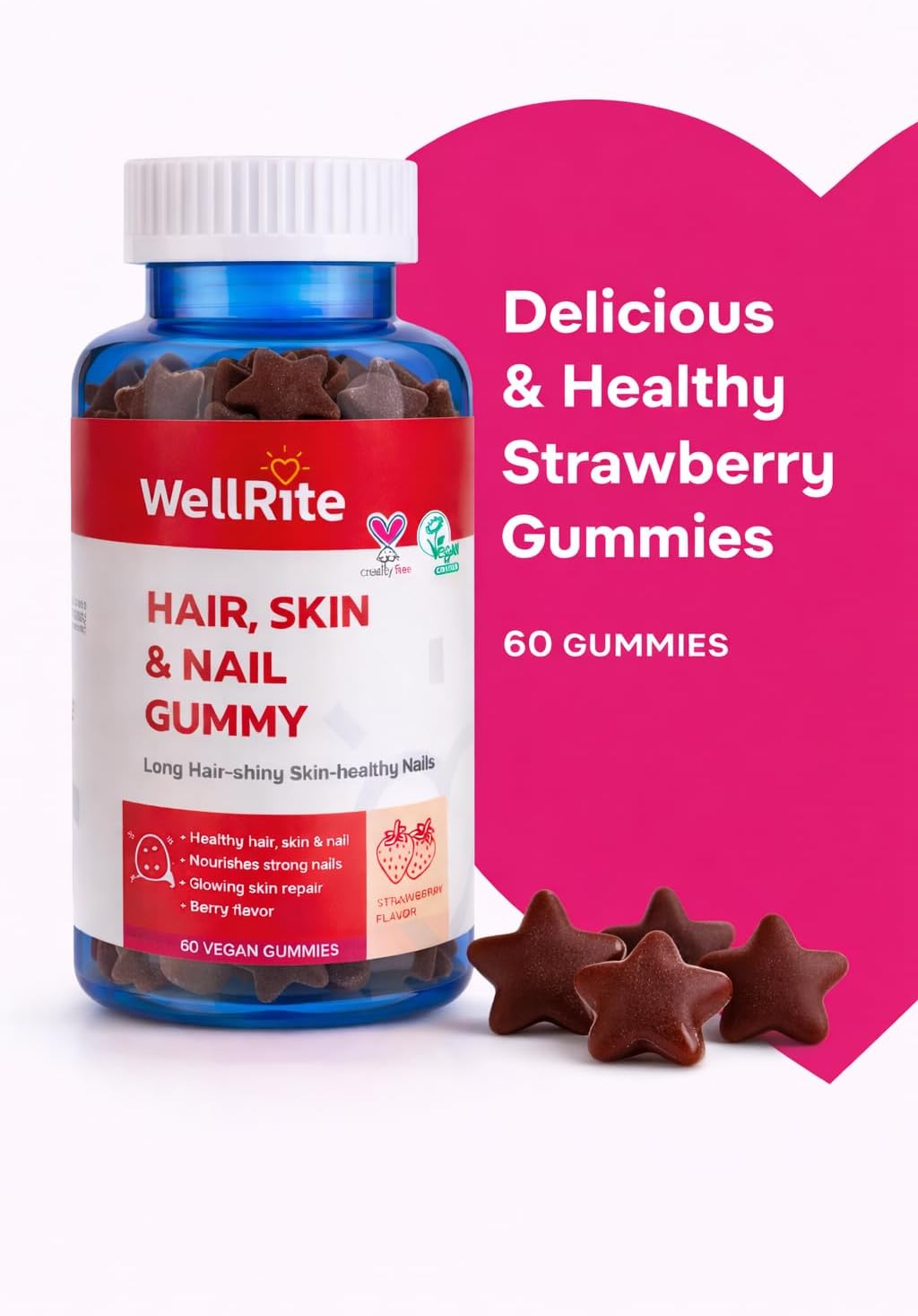 Wellrite Gominolas de Vitaminas para Cabello, Piel y Uñas, 60 unidades, Sabor Fresa, Vegano, Sin Gelatina, Sin Gluten, Sin Frutos Secos