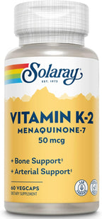 SOLARAY Vitamin K-2 as MK-7 50 mcg - K2 MK7 Vitamin Supplement for Bone Support - 60 Vegan Capsules