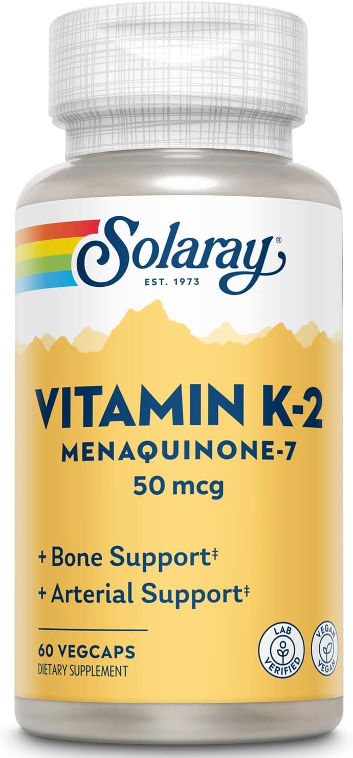 SOLARAY Vitamin K-2 as MK-7 50 mcg - K2 MK7 Vitamin Supplement for Bone Support - 60 Vegan Capsules