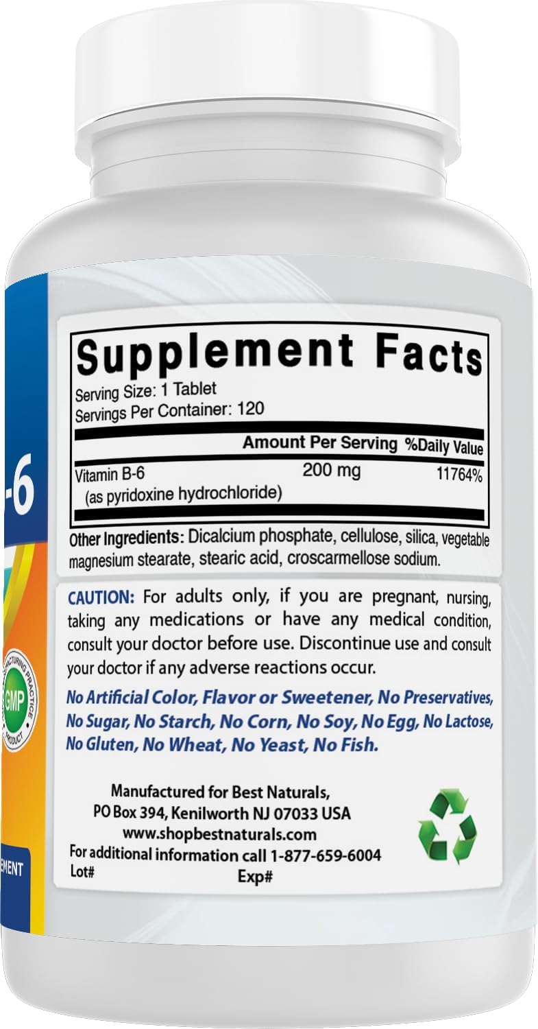 Best Naturals Vitamina B6 200 mg para Adultos, 120 Comprimidos