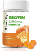 Nature's Key Biotin Gummies con Vitaminas C y E - Mantenimiento del Cabello, Piel y Uñas - Vegano - Sabor Naranja - 120 Gominolas