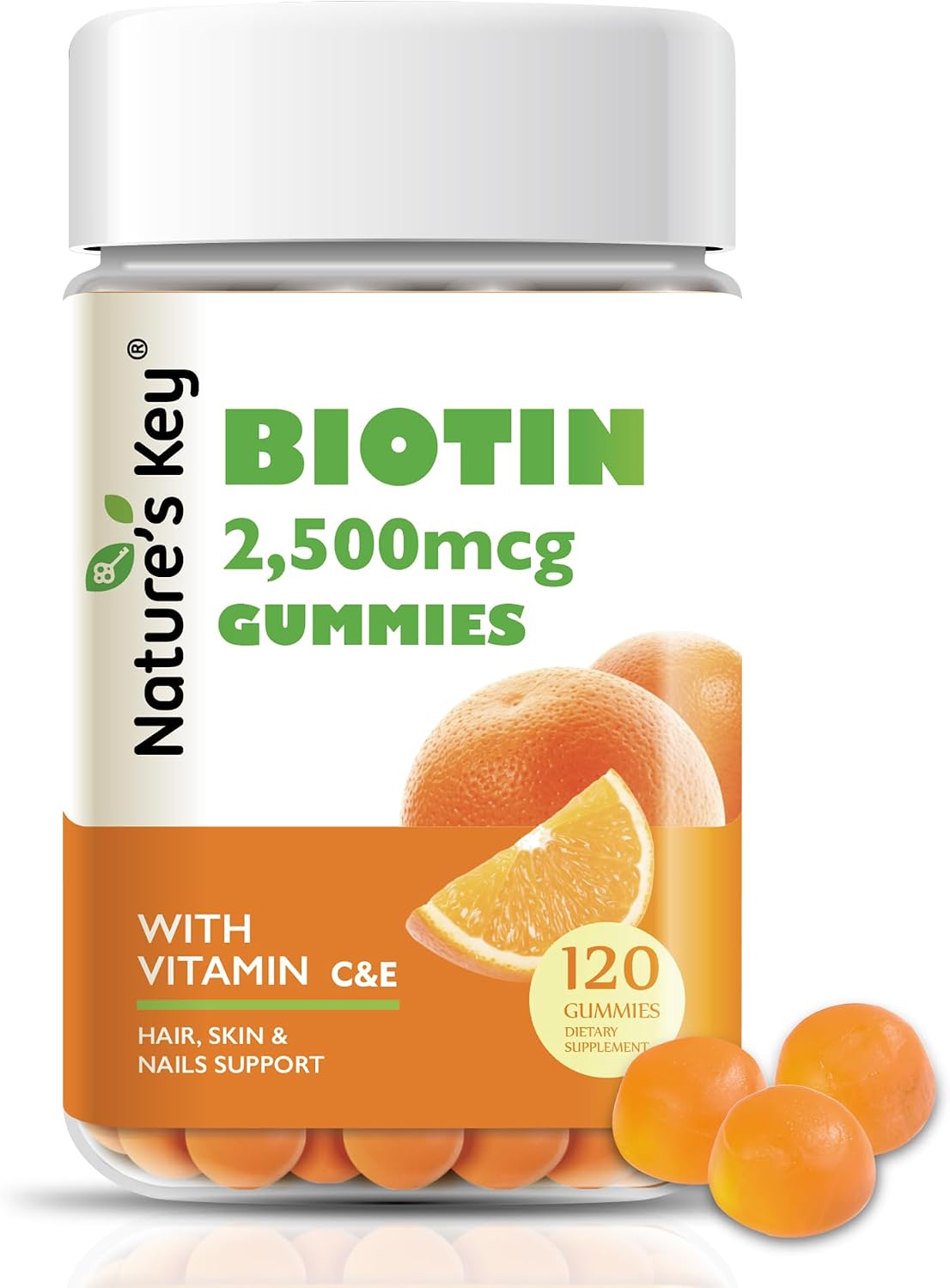 Nature's Key Biotin Gummies con Vitaminas C y E - Mantenimiento del Cabello, Piel y Uñas - Vegano - Sabor Naranja - 120 Gominolas