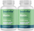 BESTVITE Biotina 10,000mcg (240 Cápsulas Vegetarianas) - Sin Estearatos - Sin Fosfato Dicálcico - Vegano - No GMO - Sin Gluten