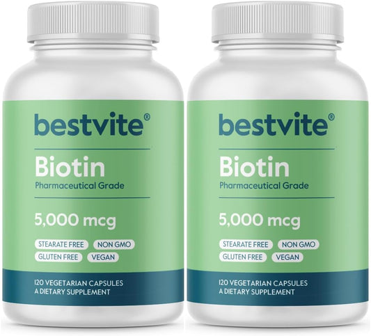 BESTVITE Biotina 5000mcg (240 Cápsulas Vegetales) - Sin Estearatos - Vegano - Sin Gluten - Cabello, Piel y Uñas