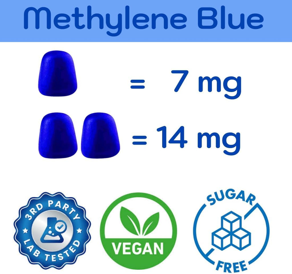 Azul de Metileno para Humanos Grado Farmacéutico USP - 7mg y 14mg - Gominolas Veganas Sin Azúcar Sabor Bayas - 60 Unidades