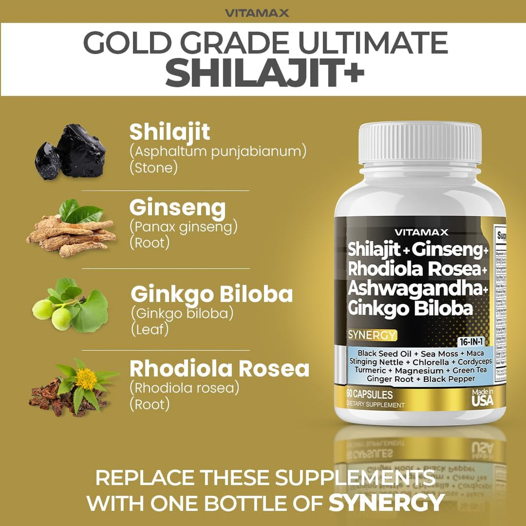 Vitamax Pure Himalayan Shilajit con Sea Moss, Ashwagandha, Bladderwrack y Ginkgo Biloba - Cápsulas Veganas