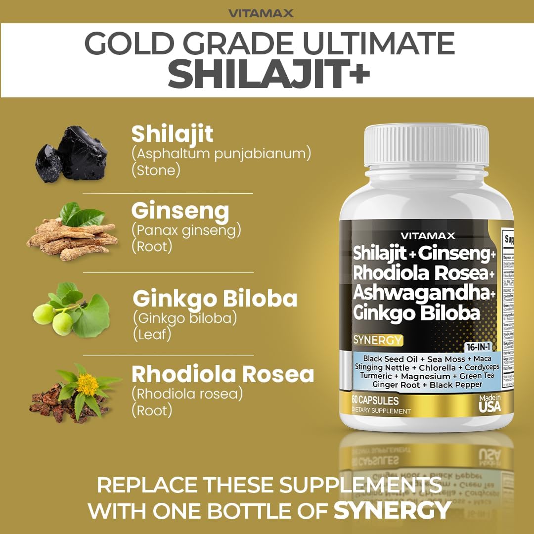 Vitamax Pure Himalayan Shilajit con Sea Moss, Ashwagandha, Bladderwrack y Ginkgo Biloba - Cápsulas Veganas