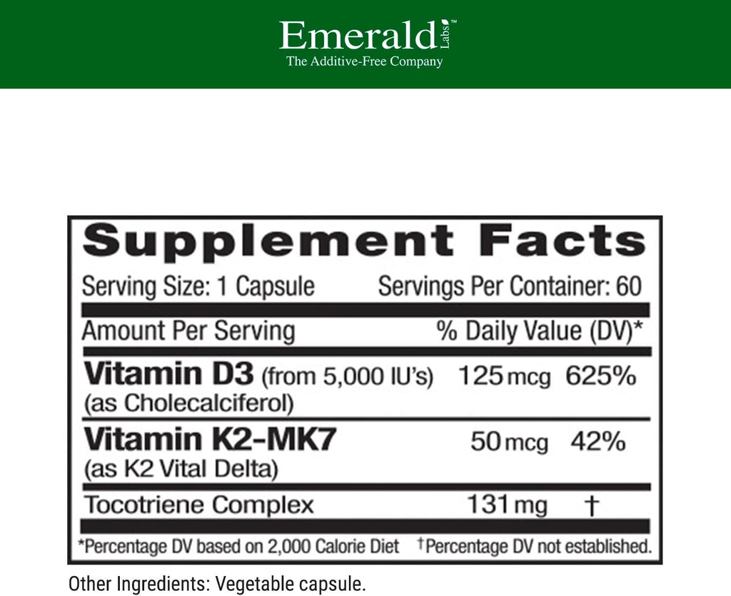 EMERALD LABS Vitamina D3+K2 con VitalDelta MK-7 – 60 Cápsulas Vegetales