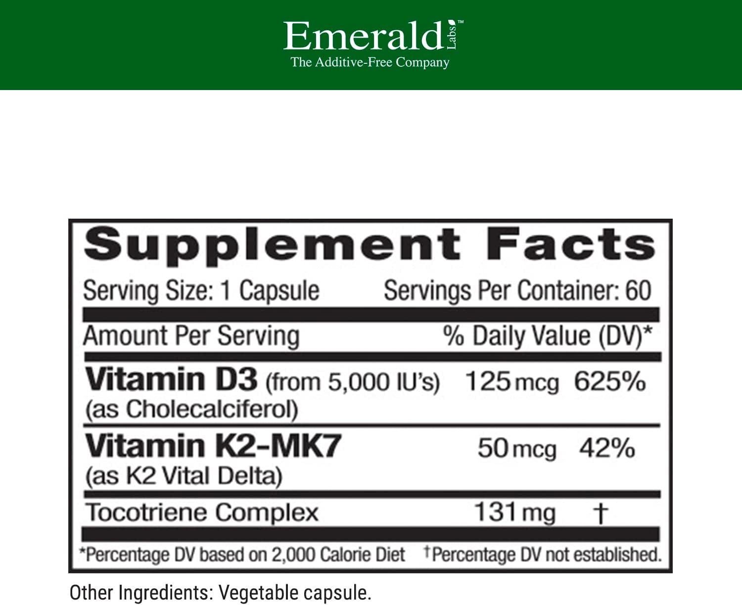 EMERALD LABS Vitamina D3+K2 con VitalDelta MK-7 – 60 Cápsulas Vegetales