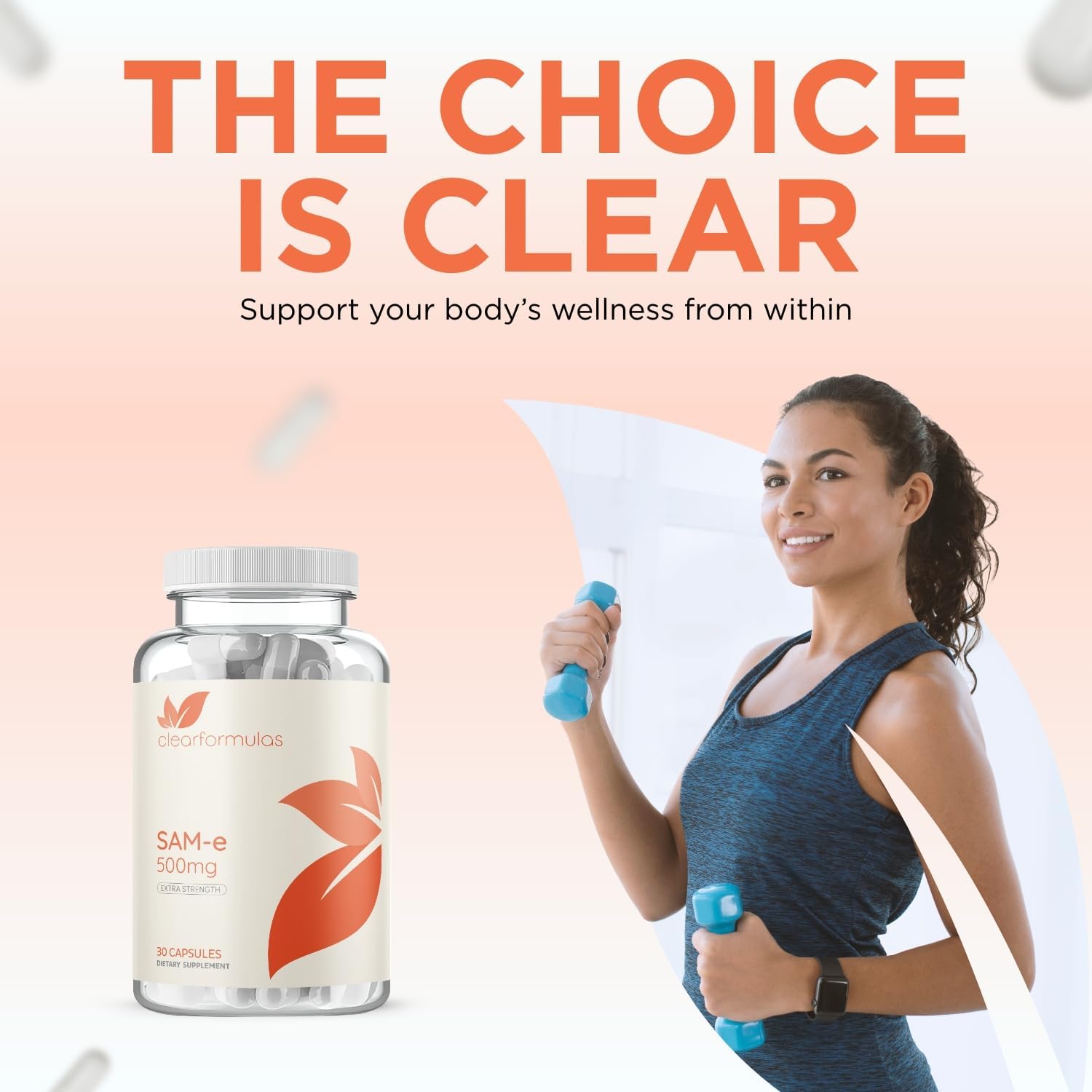 Clear Formulas Bioactive SAM-e 500 mg - Suplemento de SAM-e de Alta Potencia con Forma Bioactiva S,S - Vegano, Sin Gluten - 30 Cápsulas