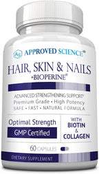Approved Science Cabello, Piel y Uñas - Complemento con Biotina, Colágeno, Complejo B, Sílice, BioPerine - 180 Cápsulas
