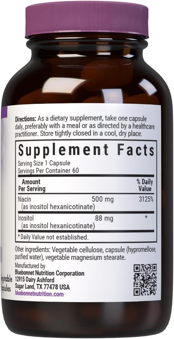 Bluebonnet Nutrition – Niacin No-Flush 500mg, Cardiovascular Support, 60 Vegetable Capsules